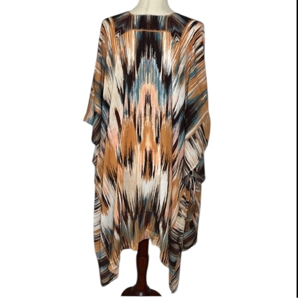 NWT Vince Camuto Cream Sand Multi Ikat V-Neck Tassels Boho Kimono Duster Sz OS - Picture 6 of 7